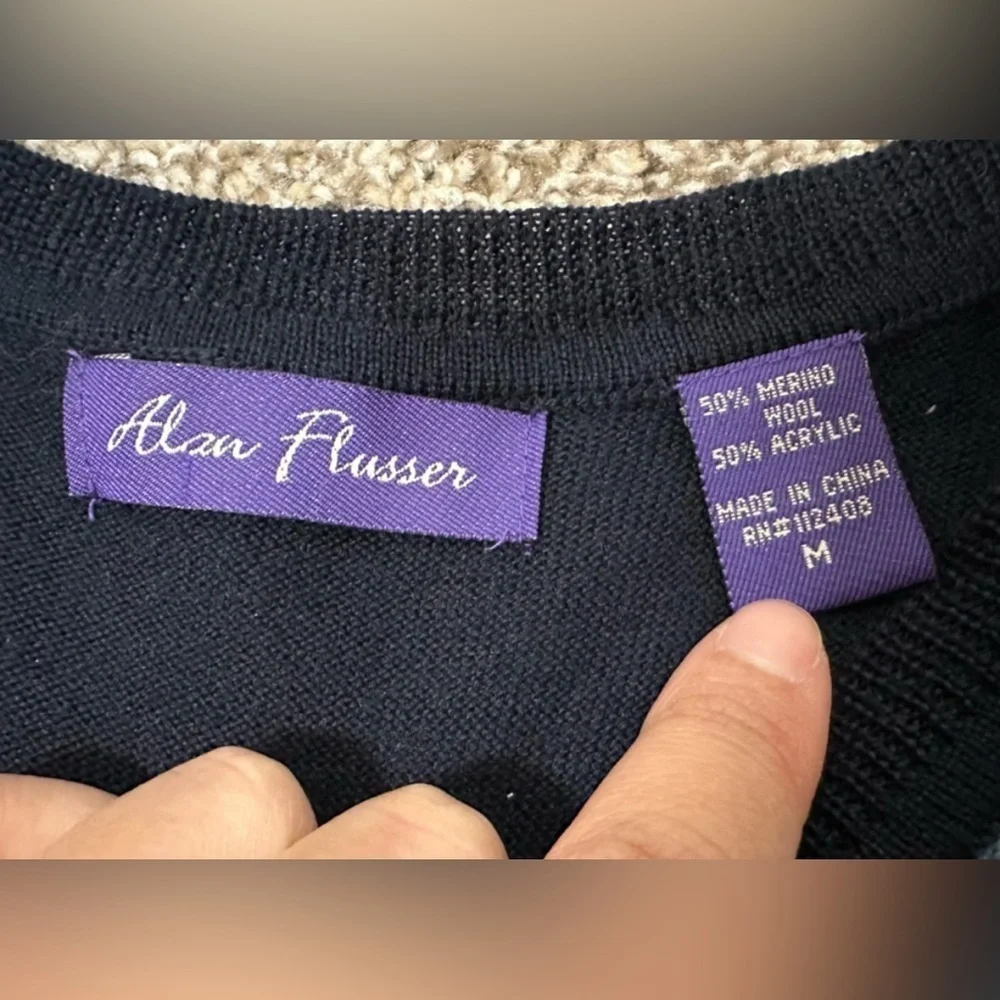 Alan Flusser Sweater Men's Size M Argyle Navy V neck merino wool blend size M